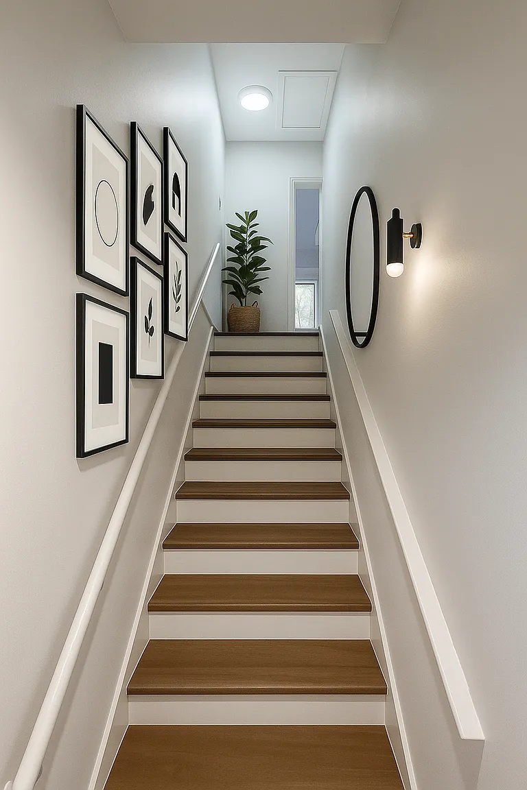 Townhome stairway with framed artwork