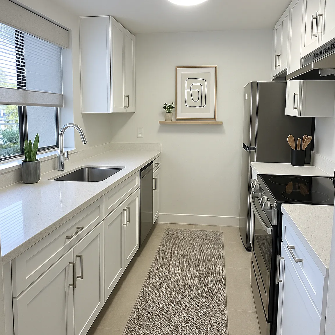Updated kitchen with white cabinetry and stainless appliances
