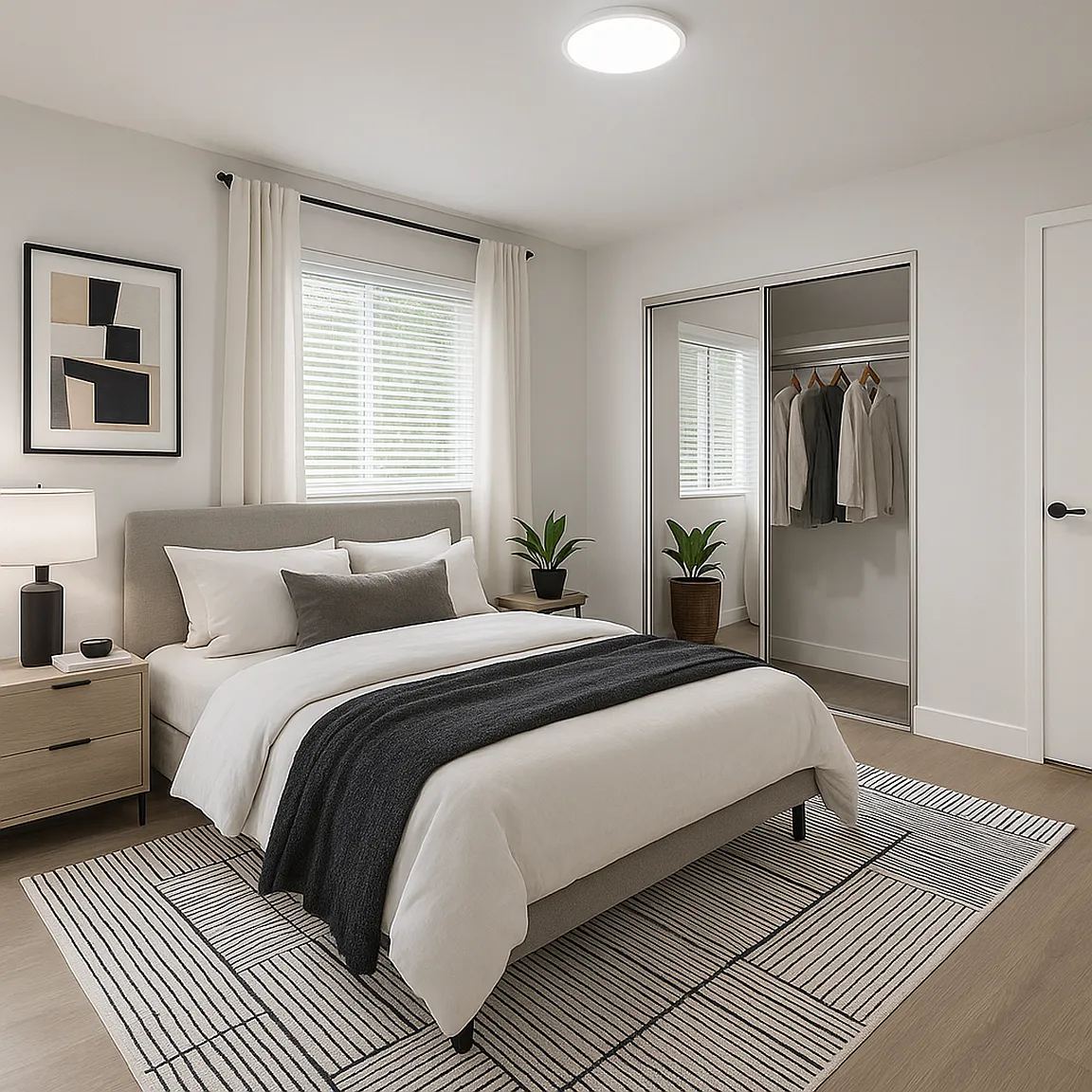 Comfortable bedroom with neutral decor
