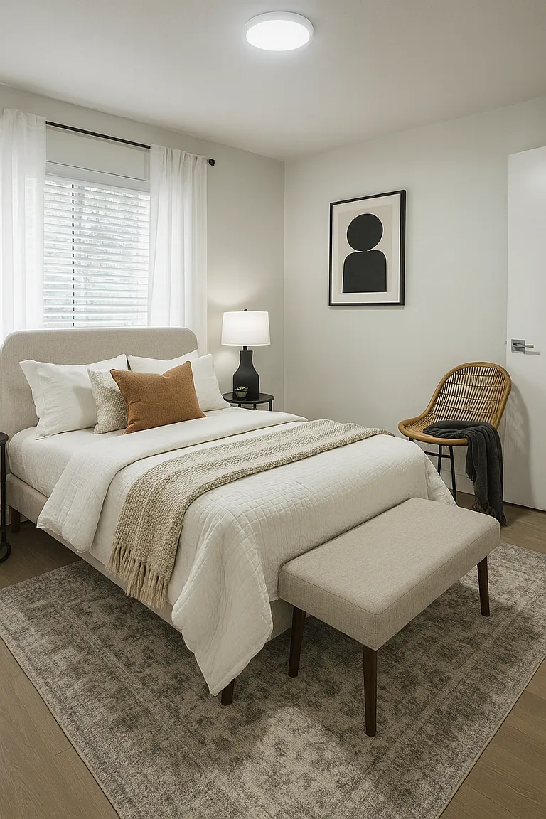 Bright bedroom with neutral bedding