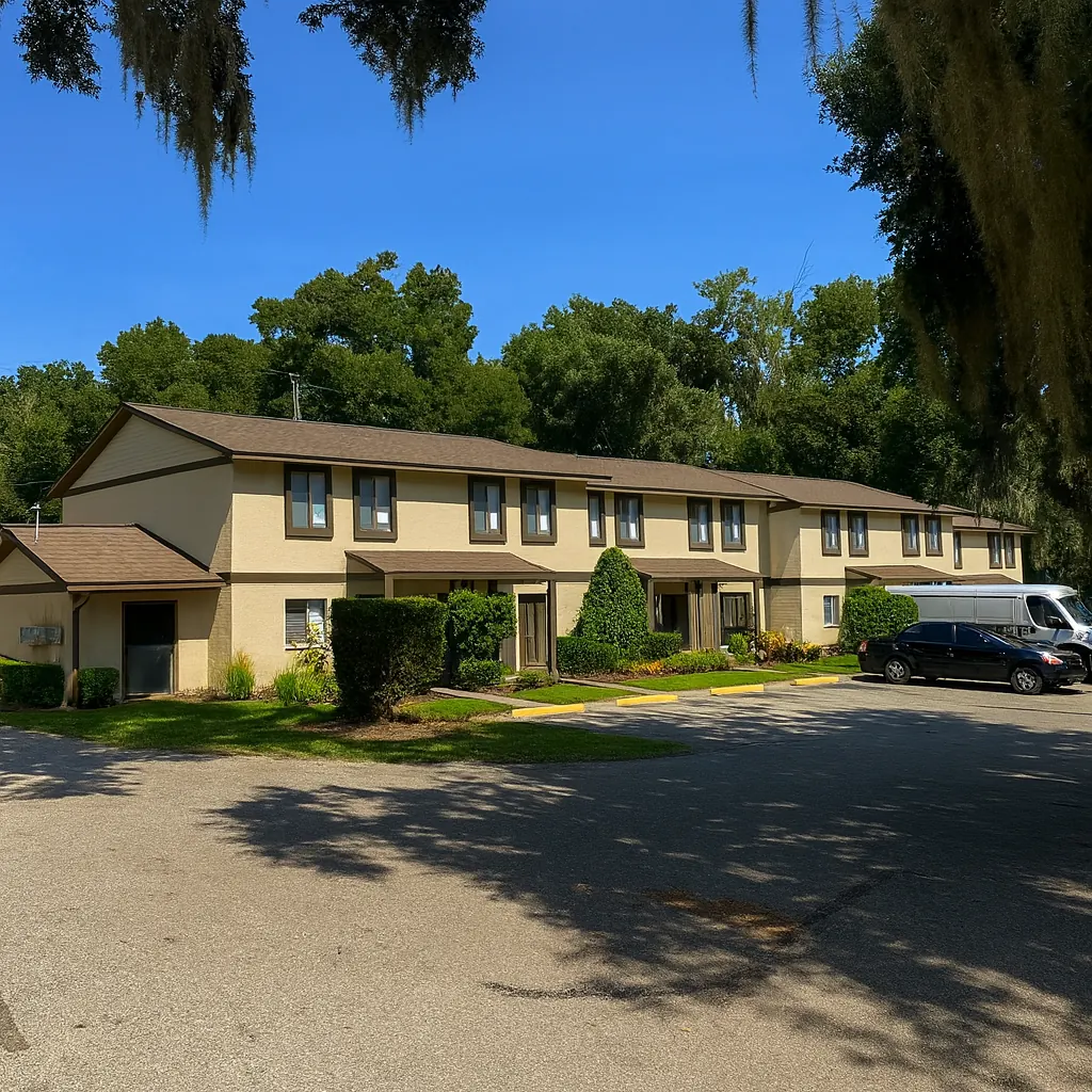 Cypresside Townhouses exterior surrounded by mature trees